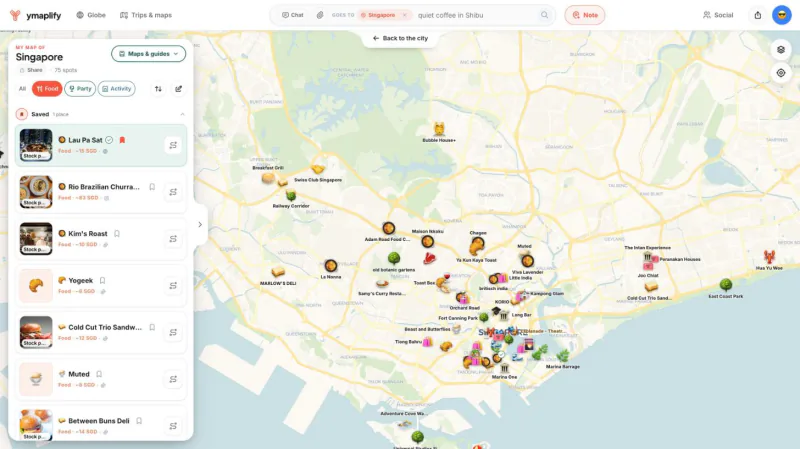 ymaplify on a laptop: City map "My map of Singapore" from my own account: 75 saved spots, food filter on, pins across the city.