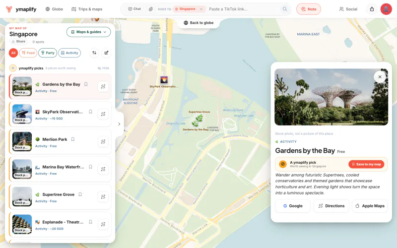 ymaplify on a laptop: Place detail of "Gardens by the Bay" next to the map and the list.