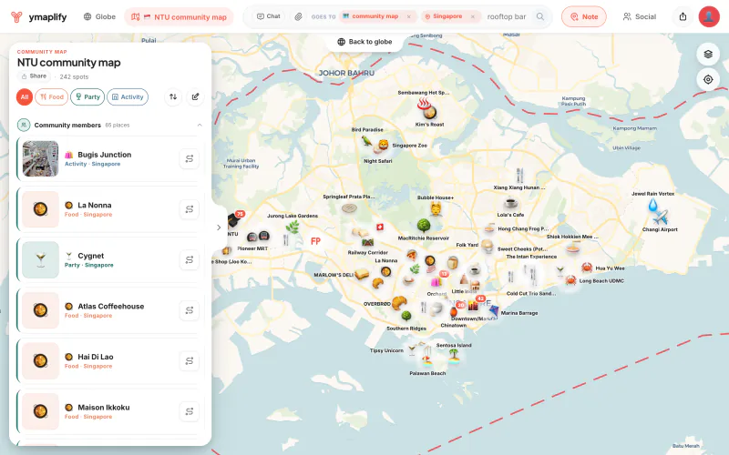 ymaplify on a laptop: Shared map: the public "NTU community map" (242 spots), pins across Singapore, list "Community members".