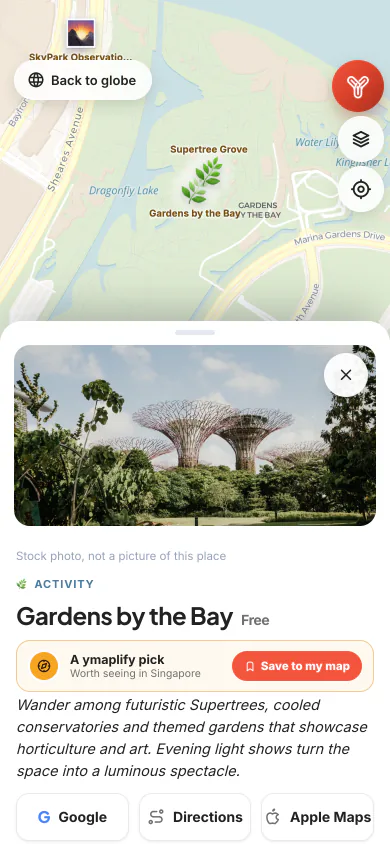 ymaplify on a phone: Same as laptop-2 in the mobile layout: place detail sheet for "Gardens by the Bay"
