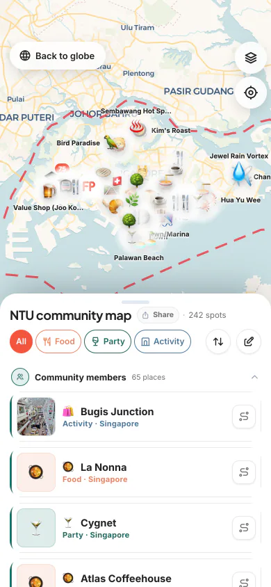 ymaplify on a phone: Same as laptop-4 in the mobile layout: NTU community map with pins and list